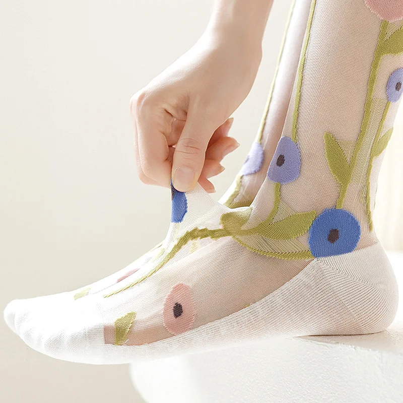 Ultra-thin Transparent Crystal Silk Socks Women Fashion Summer Harajuku Crew Socks Retro Flower Streetwear Elastic Long Sock New