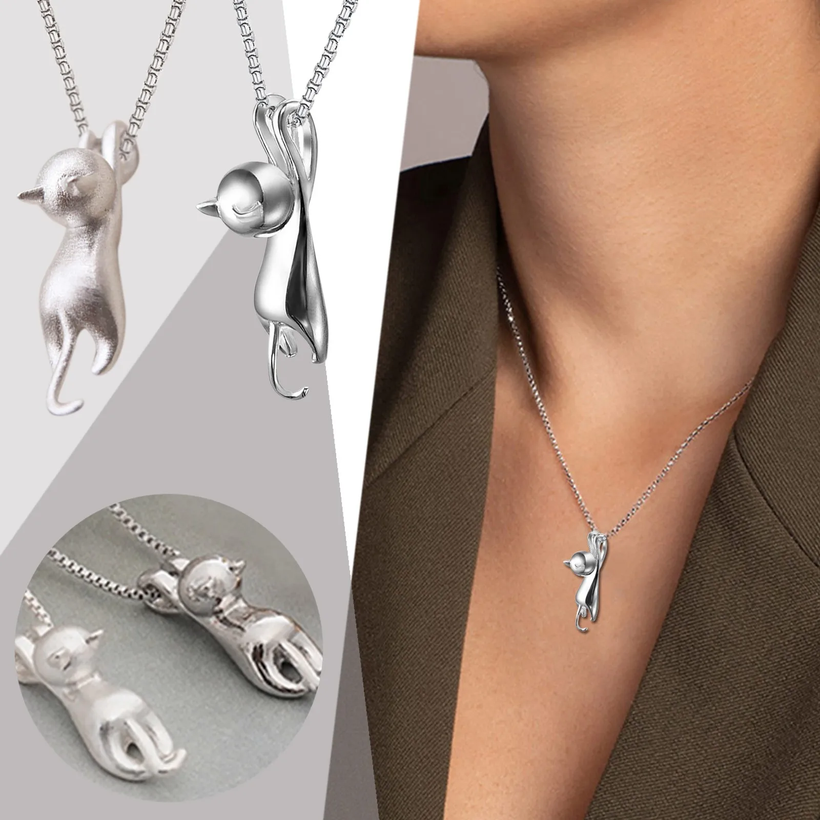 Necklaces for Women A Laye Necklaces for Women Trendy Silver Cat Pendant Necklace 3D Cat Necklace For Women Necklace Geometric