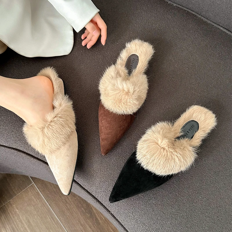 Хутряные хлопковые тапочки с острым носком женские замшевые туфли-лодочки
