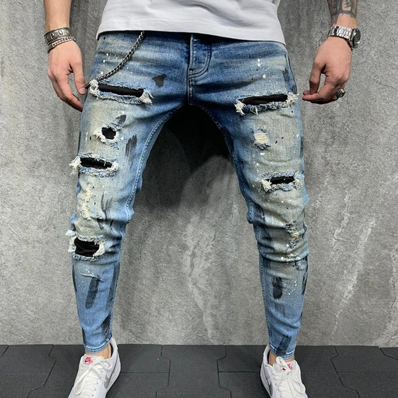 Men's Jeans Slim-Fit Hip Hop Ripped Painted Printed Pencil Denim Pants Patchwork Moto Biker Cowboy Beggar Trousers For Man