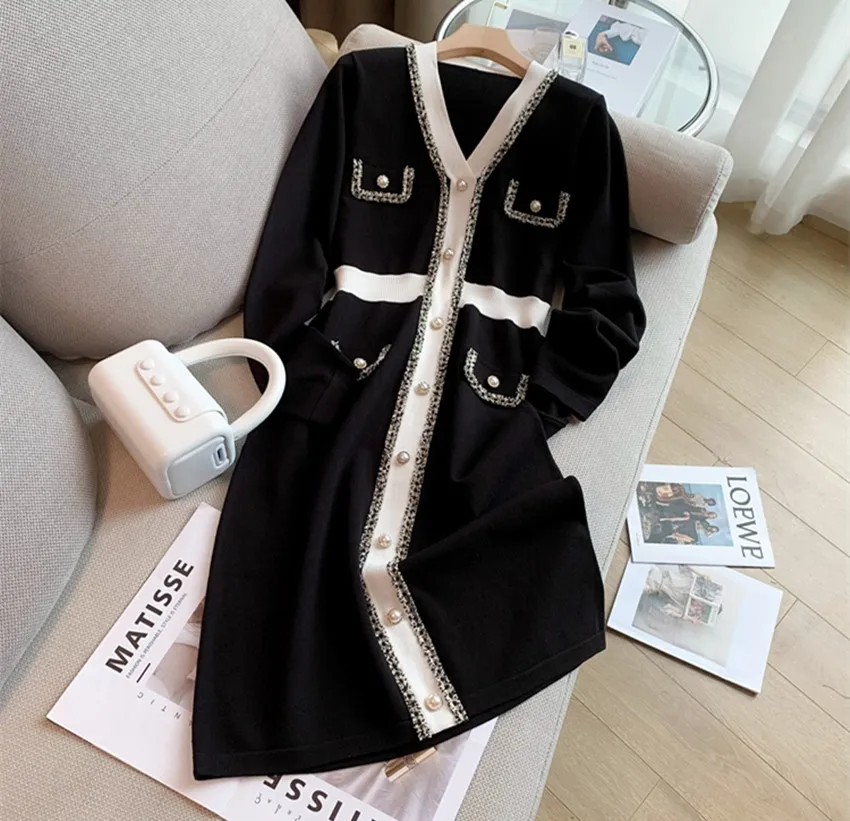 

Женское однобортное платье-свитер с жемчужинами, офисное платье черного, белого цветов с длинным рукавом и бахромой, осень-весна