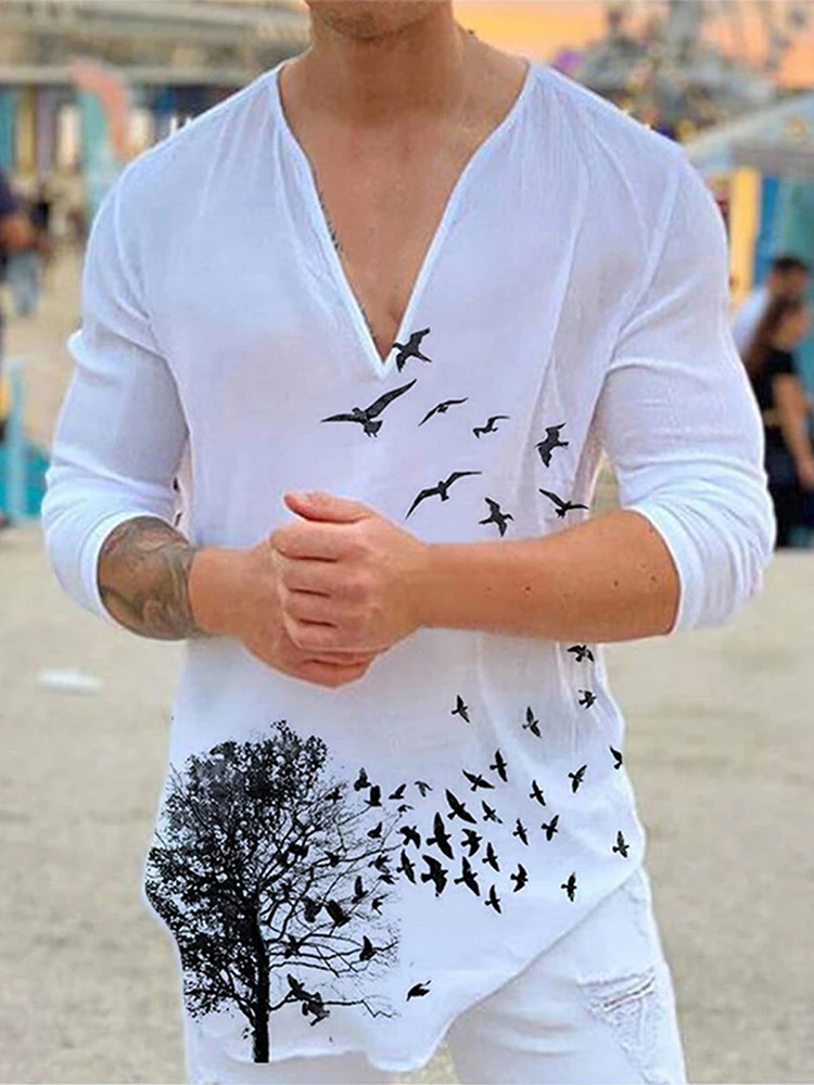 

Casual Men Long Sleeve V-Neck T-shirt Spring Autumn Pullover 2022 Fashion Loose Tee For Mens Retro Pattern Print Tops Streetwear