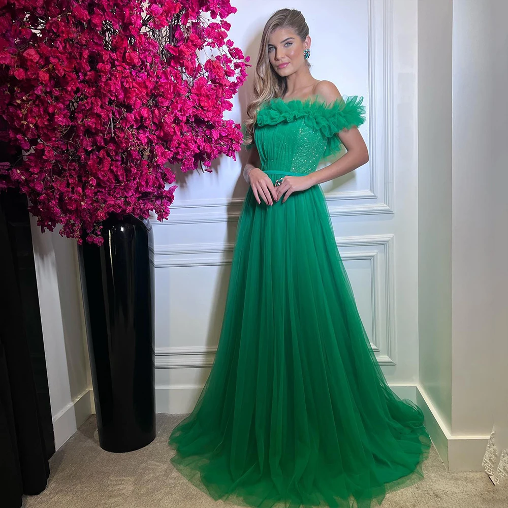 

Sexy Off-shoulder Green Evening Dresses Tulle A Line Formal Prom Gown Plus Size Long Party Dress Vestido de Festa