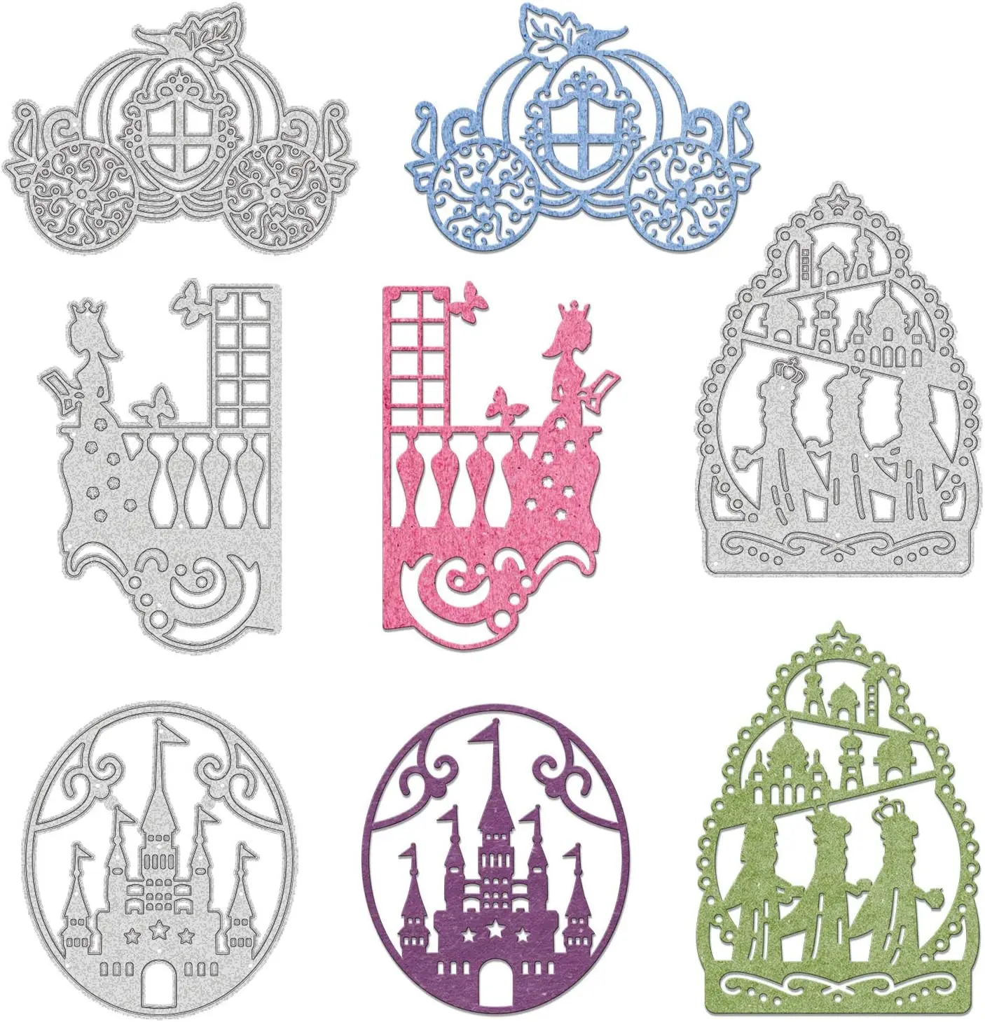 

4 PCS Metal Fairy Tale Cutting Dies Pumpkin Cart Princess Castle Gate Stencil Template for Scrapbook Embossing Matte Platinum