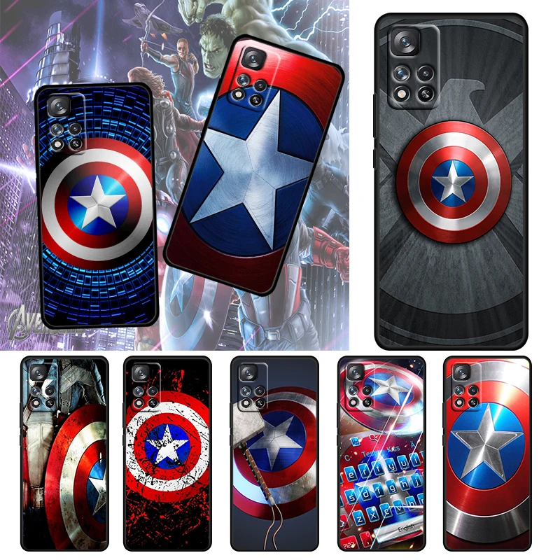 

Captain America shield Marvel For Xiaomi Redmi Note 11 10 11T 10S 9 9S 8 7 5G 4G TPU Soft Silicone Black Phone Case Fundas Coque