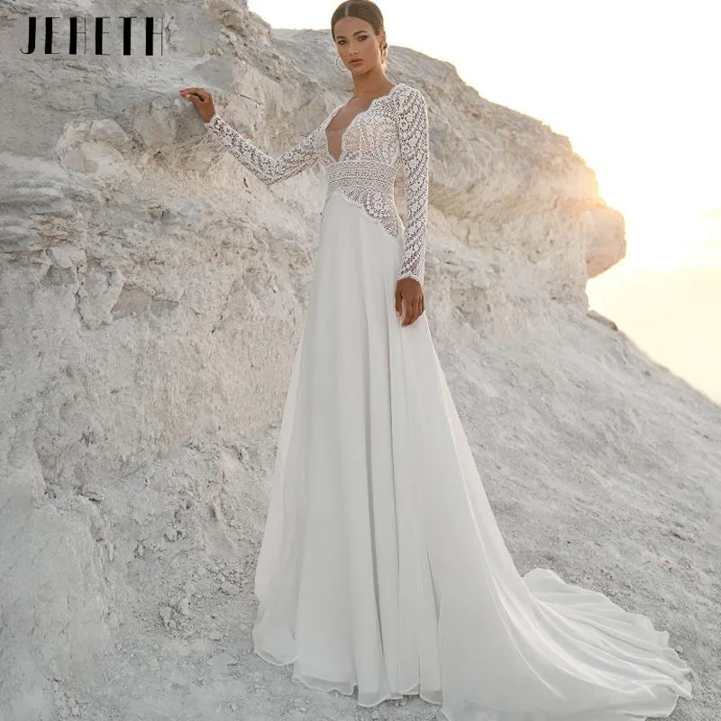 

JEHETH Charming V-Neck Long Sleeves Wedding Dress 2023 A-Line Open Back Bridal Gowns Lace Appliques Sweep Train Vestido De Noiva