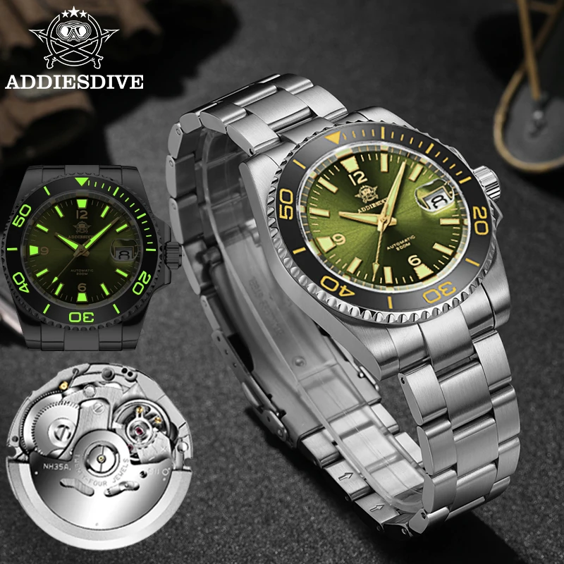 Фото ADDIESDIVE NH35A Мужские дайверские часы 200 м Механические часы из нержавеющей стали BGW9 Супер светящийся керамический безель Аналоговые часы AD2085 №1