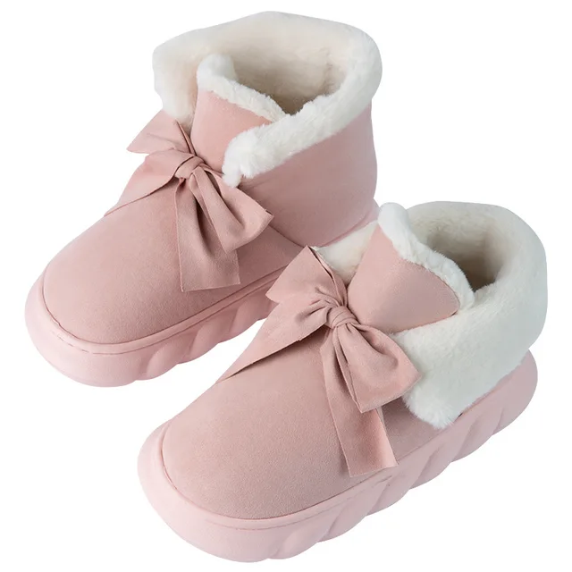 Leather Short Fashion Bow Snow Boots For Women Ladies Fur Lining Winter Warm Bootie Slippers Fur Lined Slip on Outdoor Shoes 3