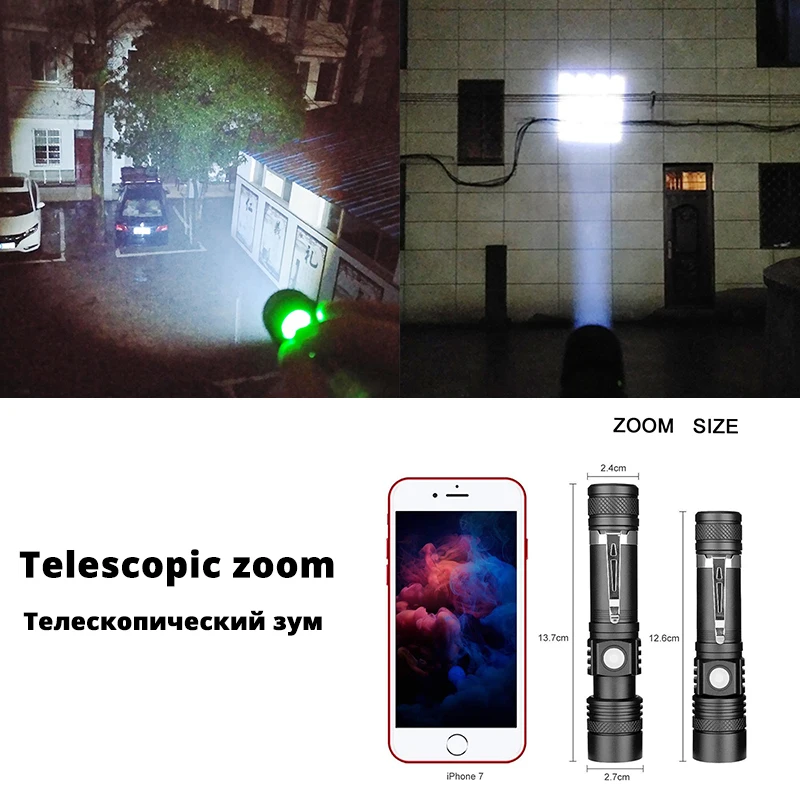 

Ultra Bright LED Flashlight With XP-L V6 LED lamp beads Waterproof Torch Zoomable 4 lighting modes Multi-function USB charging