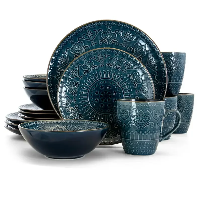 

Deep Sea Mozaic 16 Piece Luxurious Stoneware Dinnerware with Complete Setting for 4 Health and Safety Tableware