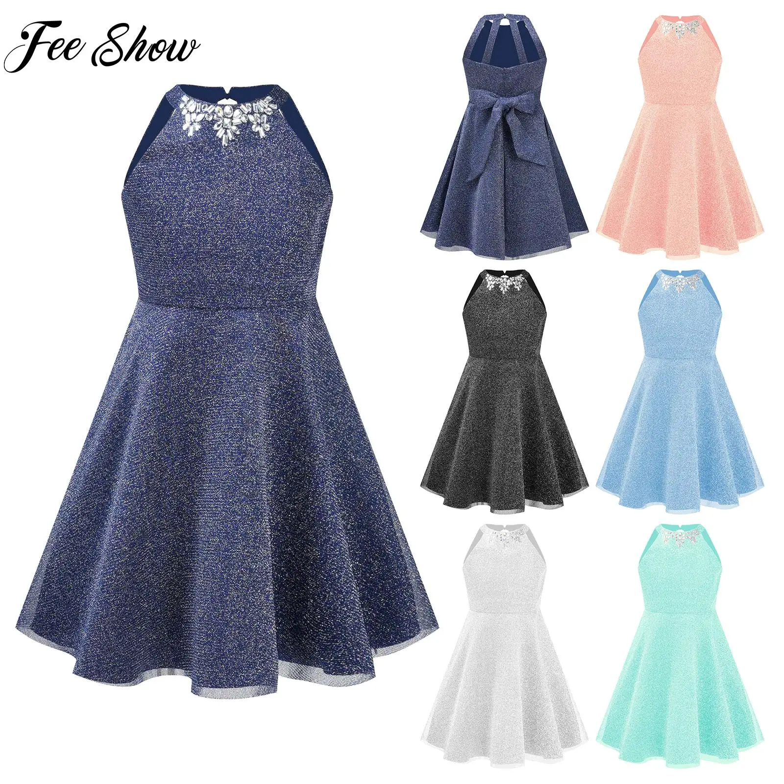 

Kids Girls Rhinestone Shimmering Party Dress Halter Sleeveless A-Line Dress Formal Dress for Birthday Wedding Evening