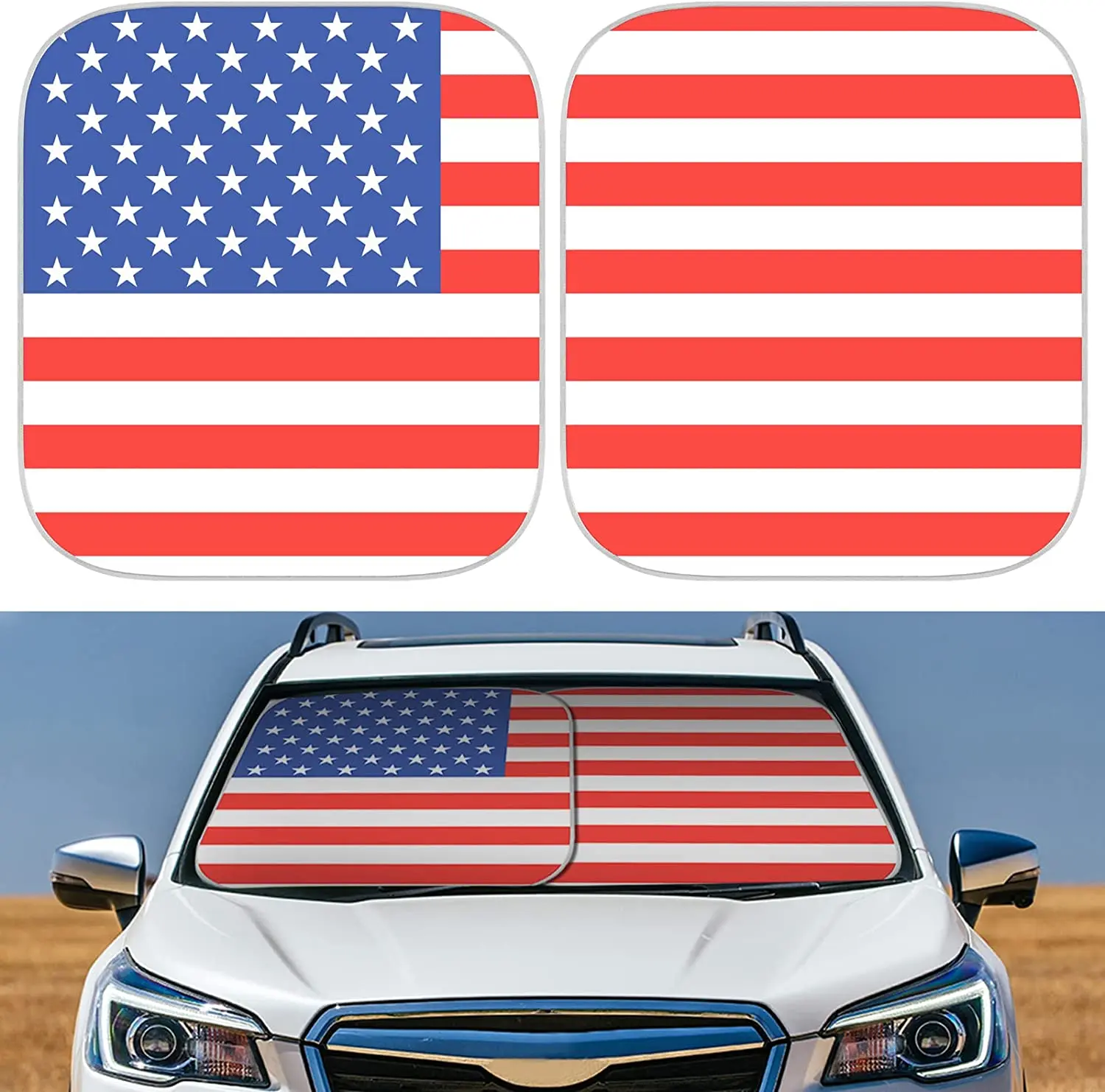 

2-Piece Windshield Sun Shades American Flag Retractable Design- Foldable Front Window Sunshade Universal Size for Most Car Truck