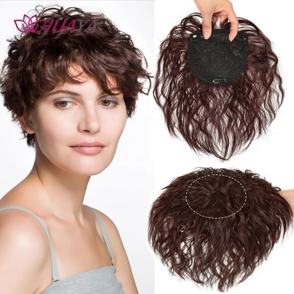 HUAYA Synthetic Head Topper Hair Piece With Bangs Short Wave Fake Hair Fringe Clip in Hair Extension Covering White Hair