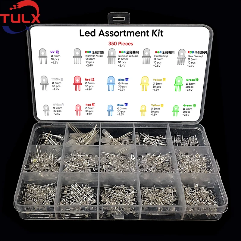 

350pcs/3mm 5mm LED Diode Assorted Kit White Green Red Blue Yellow F3 F5Transparent RGB Led Light Emitting Diodes DIY Electronic