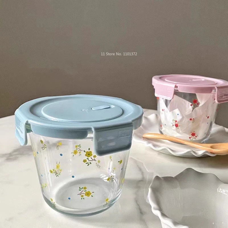Fresh and Lovely Broken Flowers Portable Glass Home Refrigerator Fresh Box Kitchen Moisture-proof Sealing Jar Oatmeal Cup