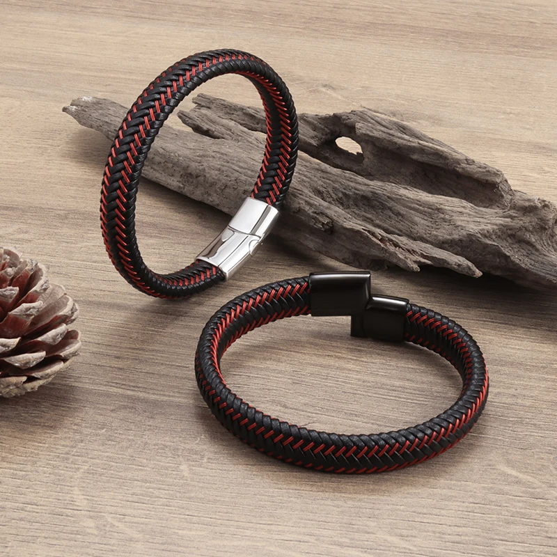 

Fashion Charm Red Faux Leather Braided Bracelet Metal Magnetic Buckle Men's Casual Street Party Jewelry Ornaments