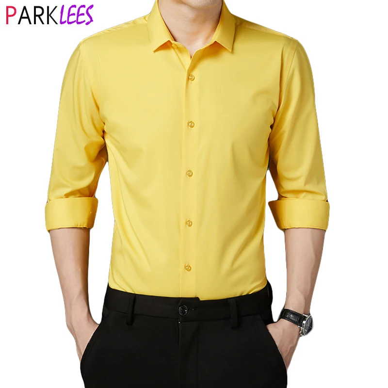 

Желтое платье из бамбукового волокна, рубашки для мужчин, новинка 2022, брендовая приталенная рубашка с длинным рукавом, мужская формальная д...