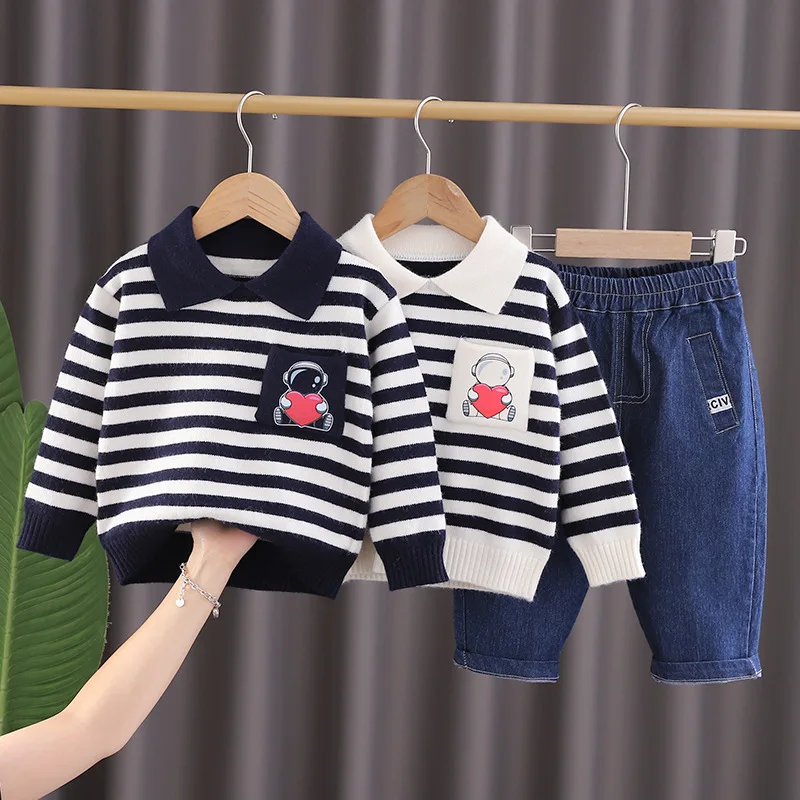 

Спортивный костюм для мальчиков, хлопковая кофта-поло и джинсовые штаны, комплект одежды из 2 предметов, на осень