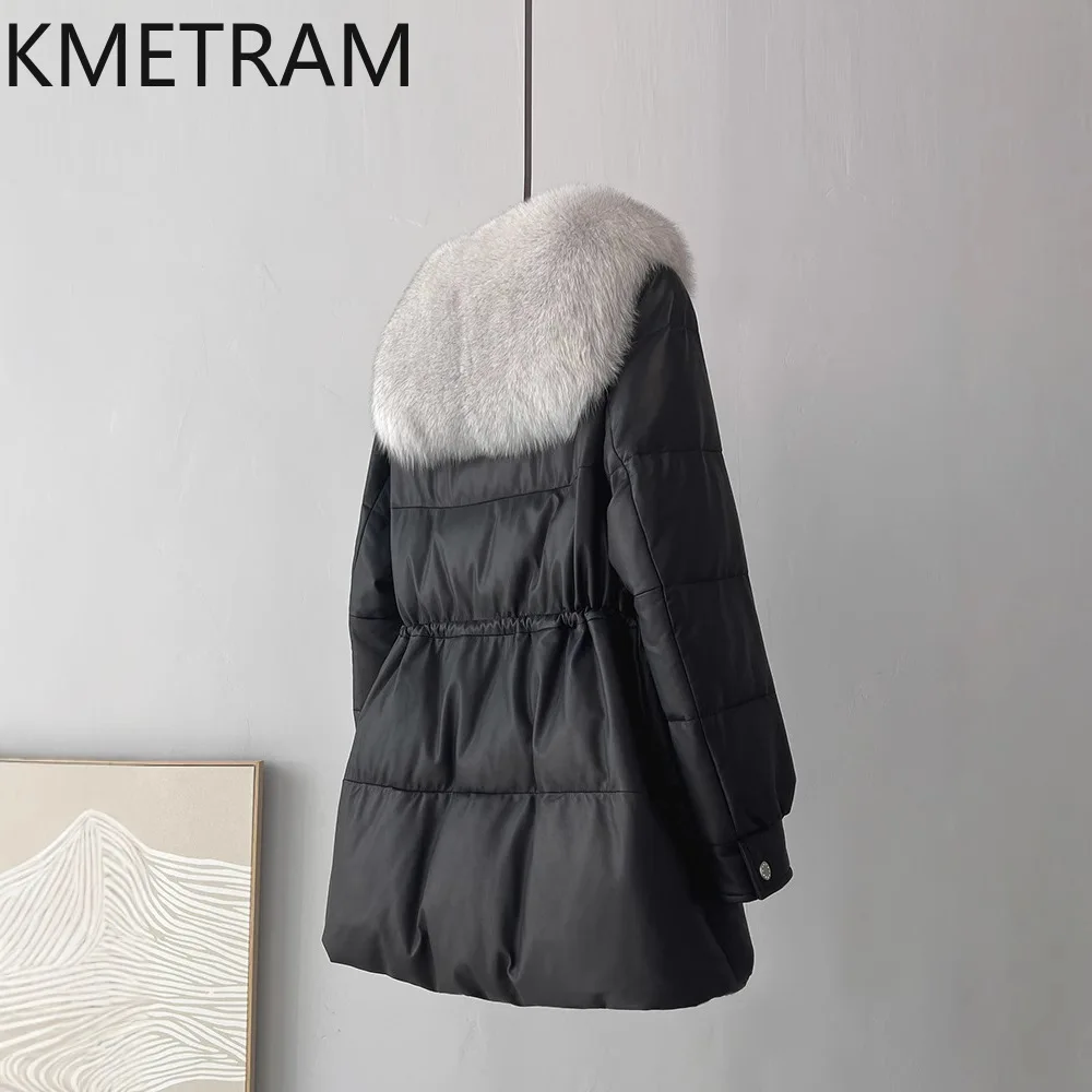 Фото Пуховики из 100% овчины, женские свободные черные куртки-пуховики из натуральной кожи с воротником из лисьего меха, зимняя одежда, женская одежда 2025 пуховик №4