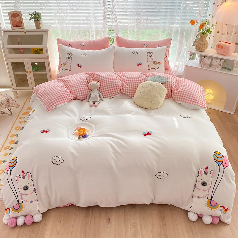 

Winter Furry Velvet Flannel Fleece Cute Alpaca Applique Child Bedding Set Single Double Quilt Cover Plaid Fitted Sheet Pillowcas
