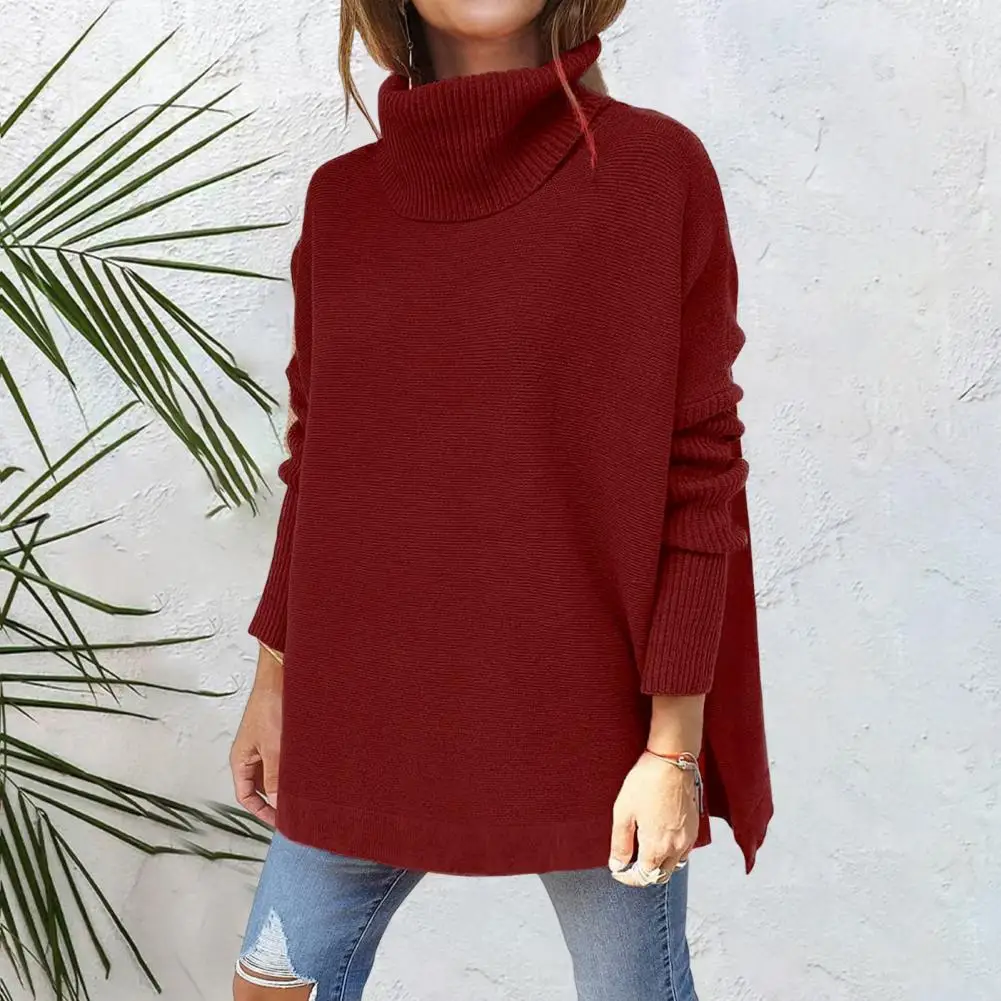 

Turtleneck Batwing Long Sleeve Side Split Ribbed Cuffs Pullover Sweater Winter Solid Color Oversized Warm Sweater Jumper Female