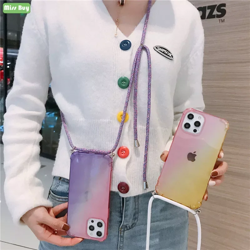 

Transparent Gradient Color Lanyard Phone Cases For Google Pixel 5 4A 5A 5G 4 XL 6 XL 6 5 XL Case Carry Lanyard Protection Cover