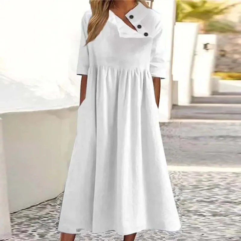 

Плиссированное пляжное платье в стиле ретро с диагональным воротником и пуговицами, повседневное офисное женское платье с карманами и коротким рукавом, новое однотонное свободное платье из хлопка и льна