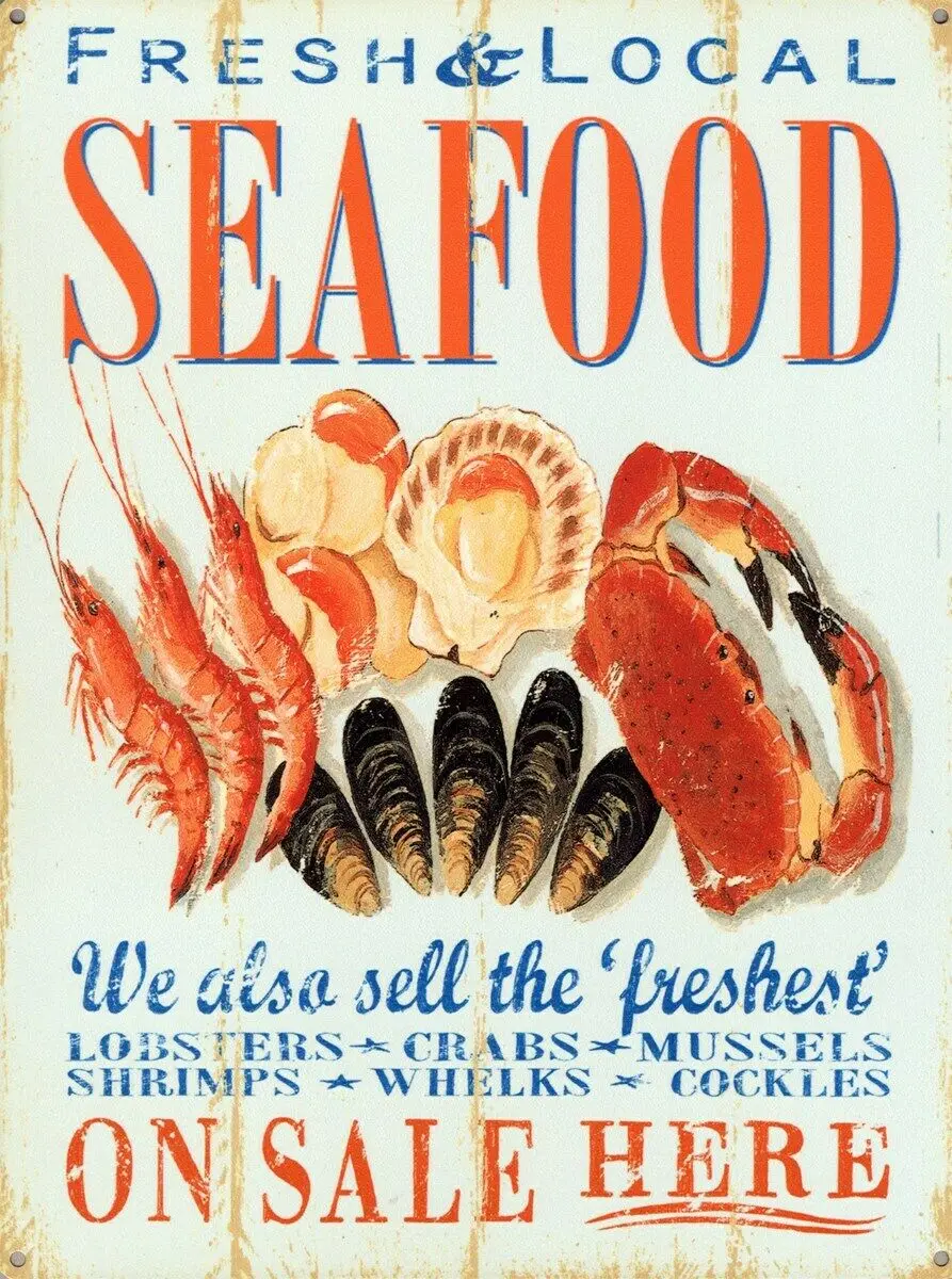 

Свежие и местные морепродукты жестяной знак потертый шик домашний декор табличка настенное искусство мужская пещера