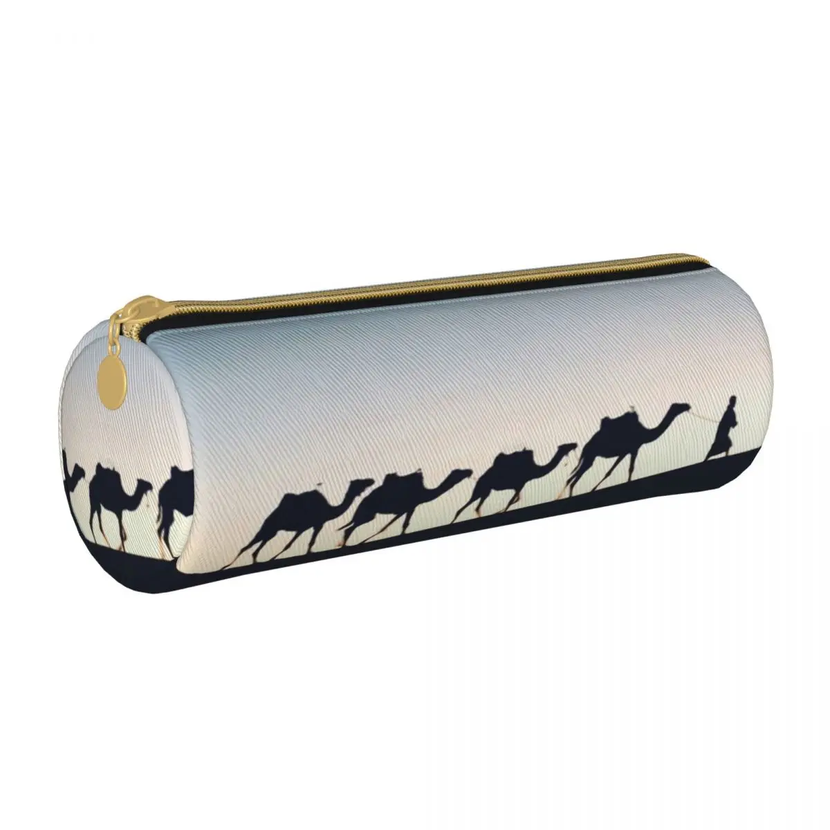 

Desert Sunset Round Pencil Case Camels Print Girls Boys School Leather Pencil Box Vintage Zipper Pen Bags