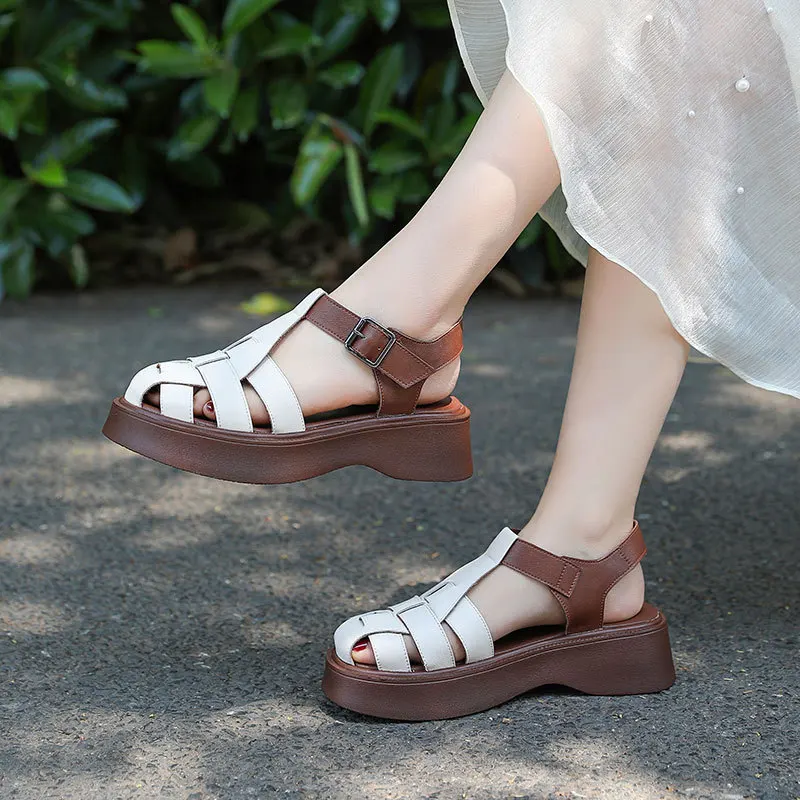 CICIYANG Sandals Women Summer 2023 New Genuine Leather Baotou Roman Sandals Ladies Retro Hollow Woven Women Gladiator Sandals 43