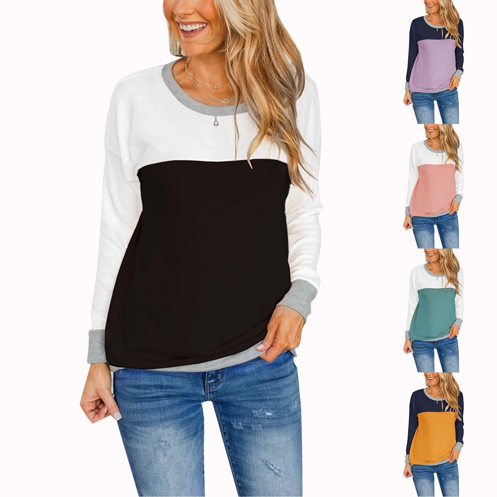 

Women Long Sleeve Round Neck Casual Top Splicing Contrasting Color Fashion Loose Casual Sweater Band Tees Women Vintage