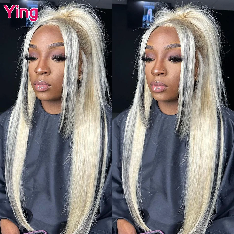 Ying 613 Blonde Black Streaks Bone Straight 13X6 Lace Frontal Wig Ying Hair 180% Brazilian Remy 613 13X4 Transparent Lace Wigs