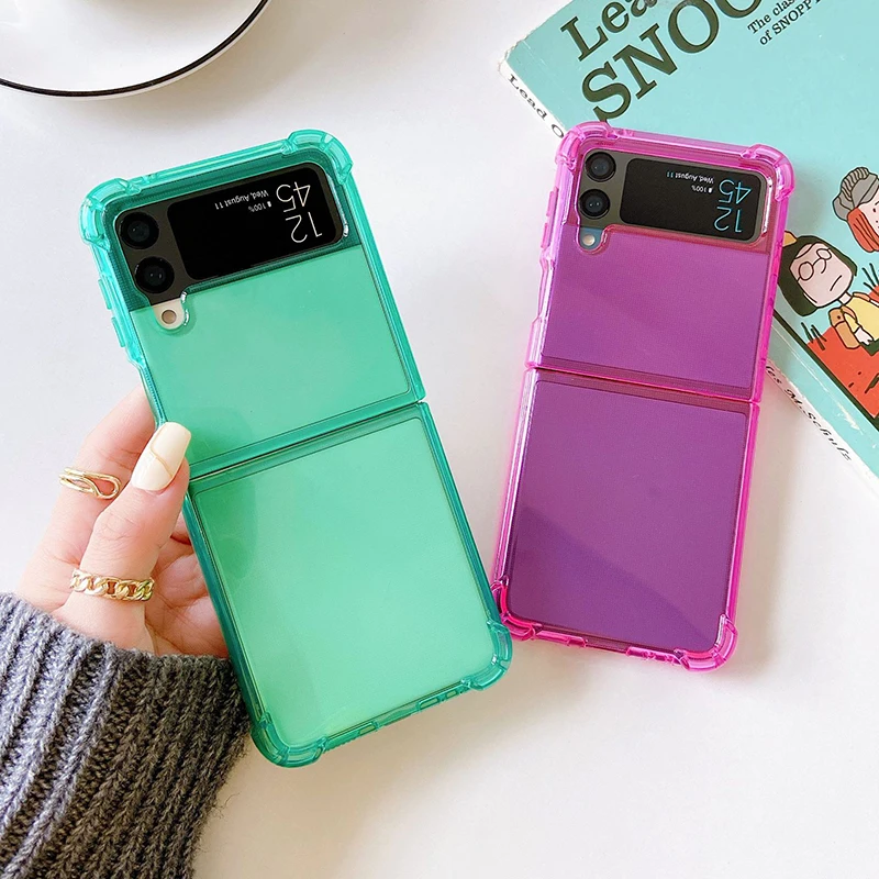 

Neon Fluorescent Solid Color Transparent Phone Case For Samsung Galaxy Z Flip 4 3 5G Soft TPU Shockproof Protective Back Cover