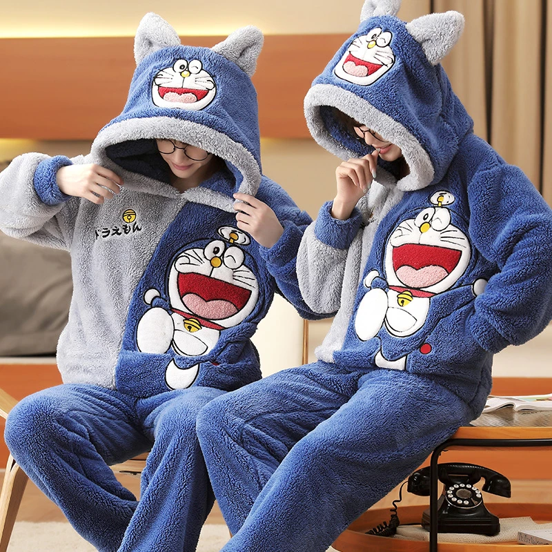 Winter Thicken Couple Pajamas Set Women Men Adult Pajama Anime Doraemon Korean Loose Lovers Homewear Hoodies Pyjamas Sleepwear