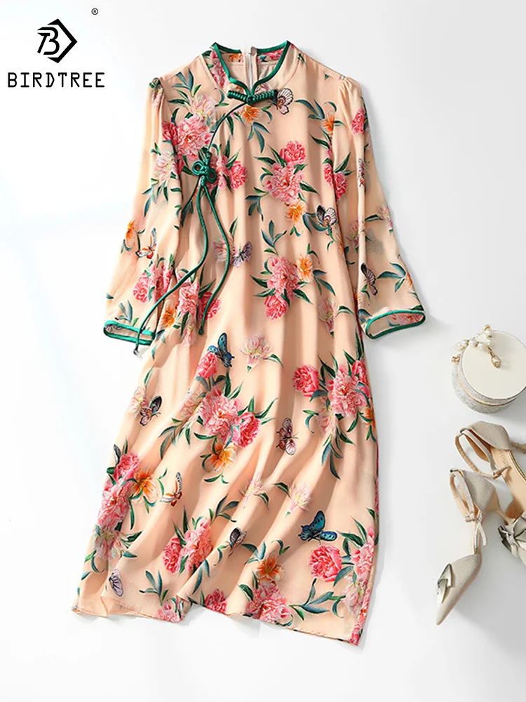 Birdtree 100%Real Silk Vintage Dresses Women Summer Three Quarter Sleeve Elegant Floral Print Dress Cheongsam Dress D37434QM