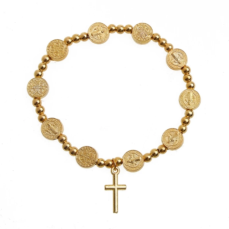 

Unisex Jesus for Cross Bracelet Golden for Cross Rosary Beads Religious Beaded B