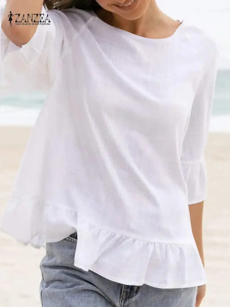 

Модная рубашка с оборками ZANZEA 2022, Летние Женские однотонные праздничные топы с рукавом 3/4, элегантная офисная блузка с круглым вырезом, женс...