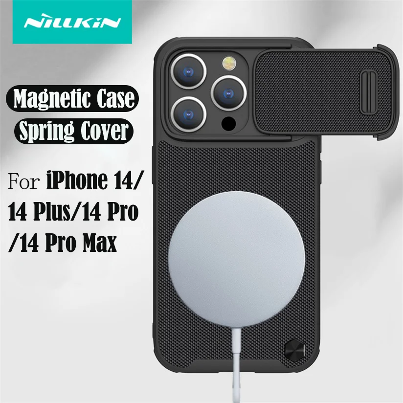 

Магнитный чехол NILLKIN для MagSafe для iPhone 14 Pro Max, текстурированный нейлоновый волоконный Чехол-слайдер для камеры, весенний чехол для iPhone 14 Pro Plus