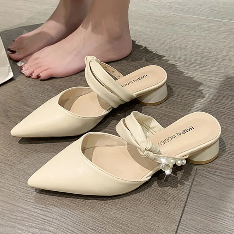 Pearl Pointed Toe Women's Mules Sexy Square Heeled Mules Slippers Women Sandals 2023 New Korean Trend Outdoor Pink Party Shoes