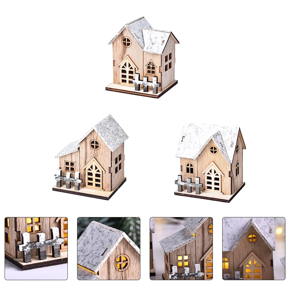 

3Pcs Xmas Wood Luminous House Decors Festive Christmas House Desktop Decors