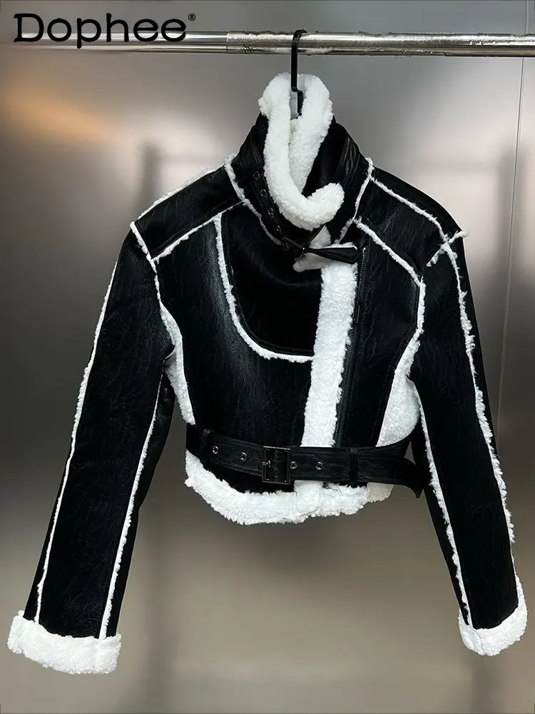 

Модное меховое пальто с поясом в стиле пэчворк контрастных цветов Женская приталенная теплая куртка с воротником-стойкой и длинным рукавом...