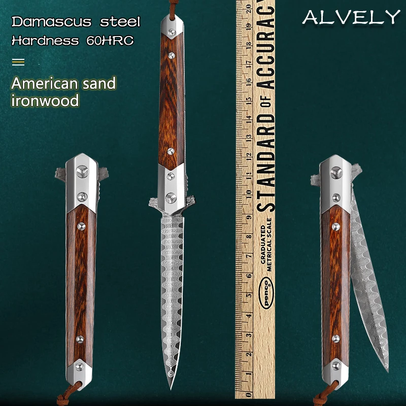 Damascus Steel Pocket Knife 60HRC Wooden Handle Portable Folding Knife Outdoor Camping Jungle Adventure Hunting EDC Hand Tools
