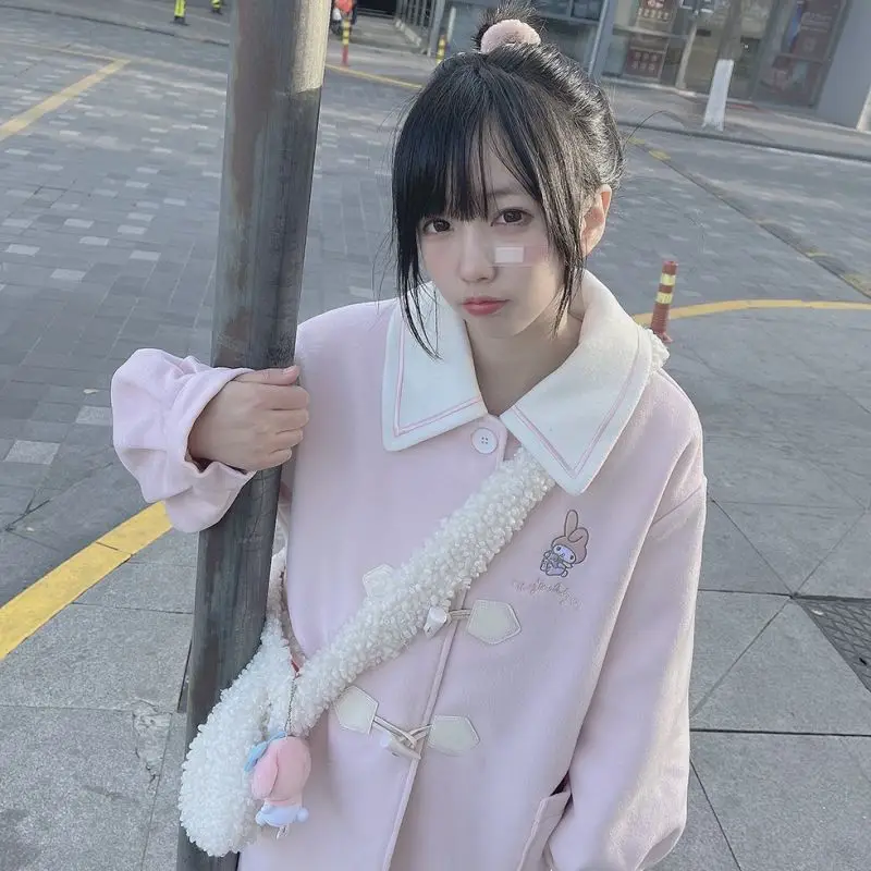 

Модная женская куртка Hello Kitty, милая серия шерстяных курток с пуговицами из рога аниме