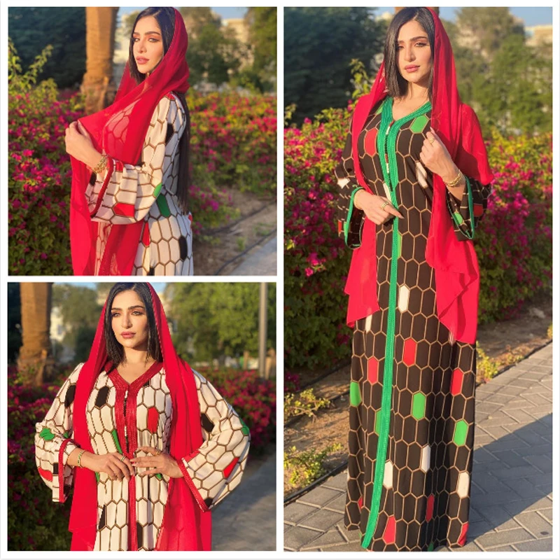 Muslim Fashion Middle East Printed Robe Jalabiya Dubai Arab Muslim Abaya Dubai Turkey Long Dresses Robe Femme Musulmane