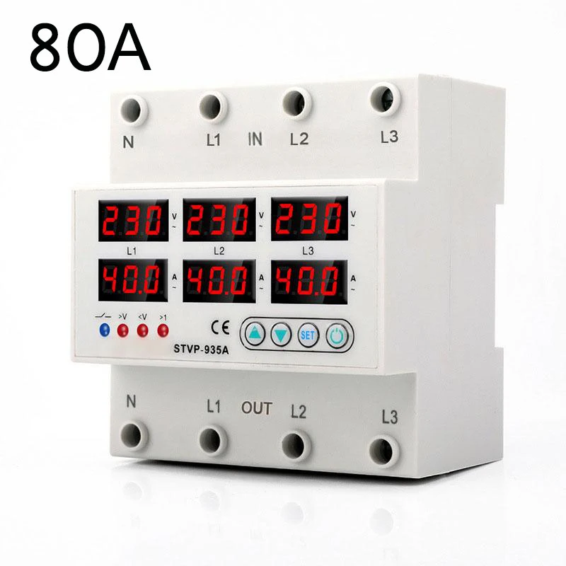 Фото STVP-935A Защита реле 3-фазная 40A/63A/80A/100A DIN-рейка Регулируемая защита от перенапряжения и пониженного напряжения и тока №5