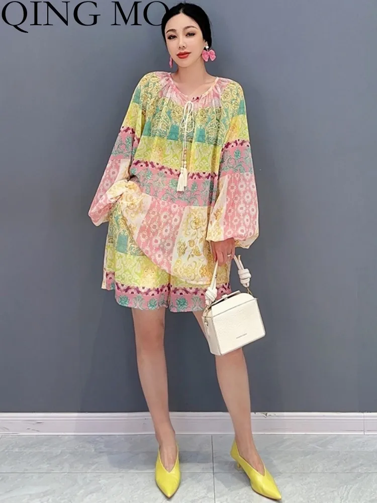 

QING MO 2023 Summer New Korean Style Full Sleeve Top + Casual Shorts Two Piece Set Women Color Matching Set ZXF3058