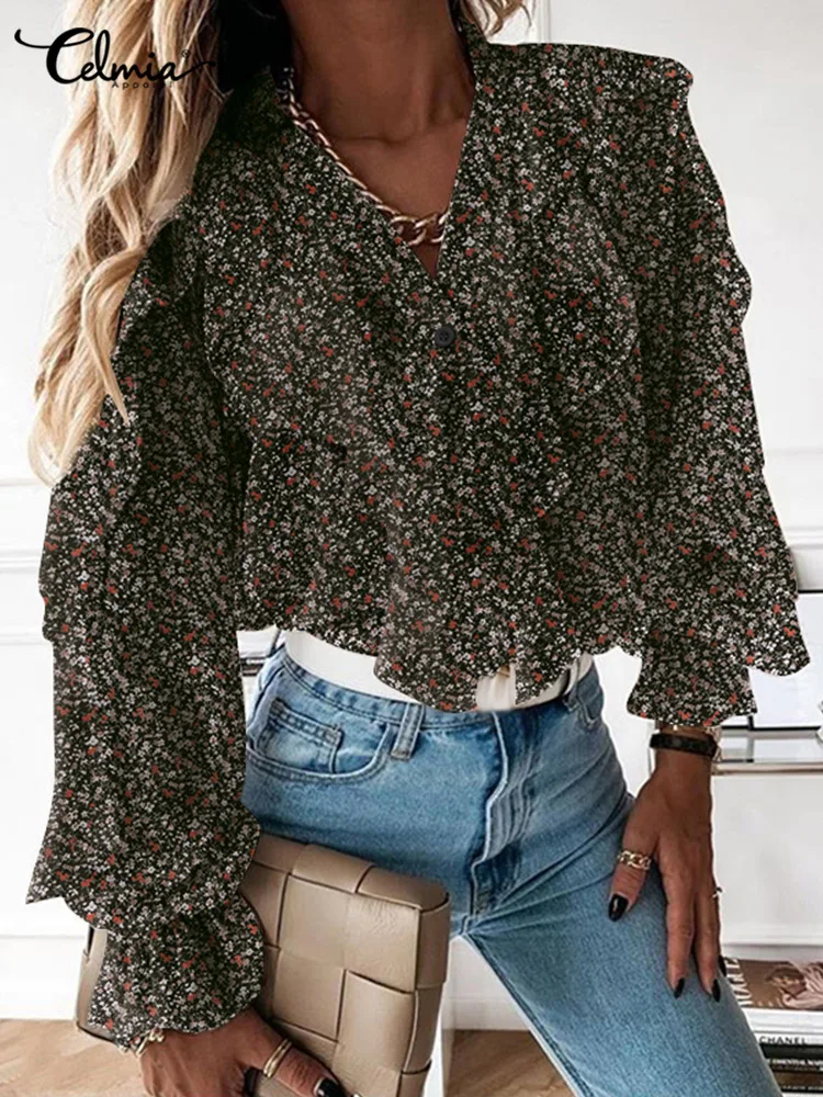 

Повседневные рубашки Celmia с длинным рукавом, модные женские элегантные блузки с оборками и V-образным вырезом, осенние женские блузы с цветоч...
