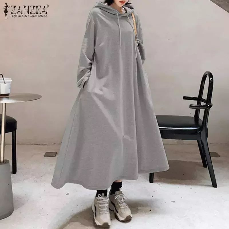 

Stylish Hooded Hoodies Dress Women Autumn Sweatshirts 2022 ZANZEA Casual Long Sleeve Maxi Vestidos Female Solid Robe Oversized