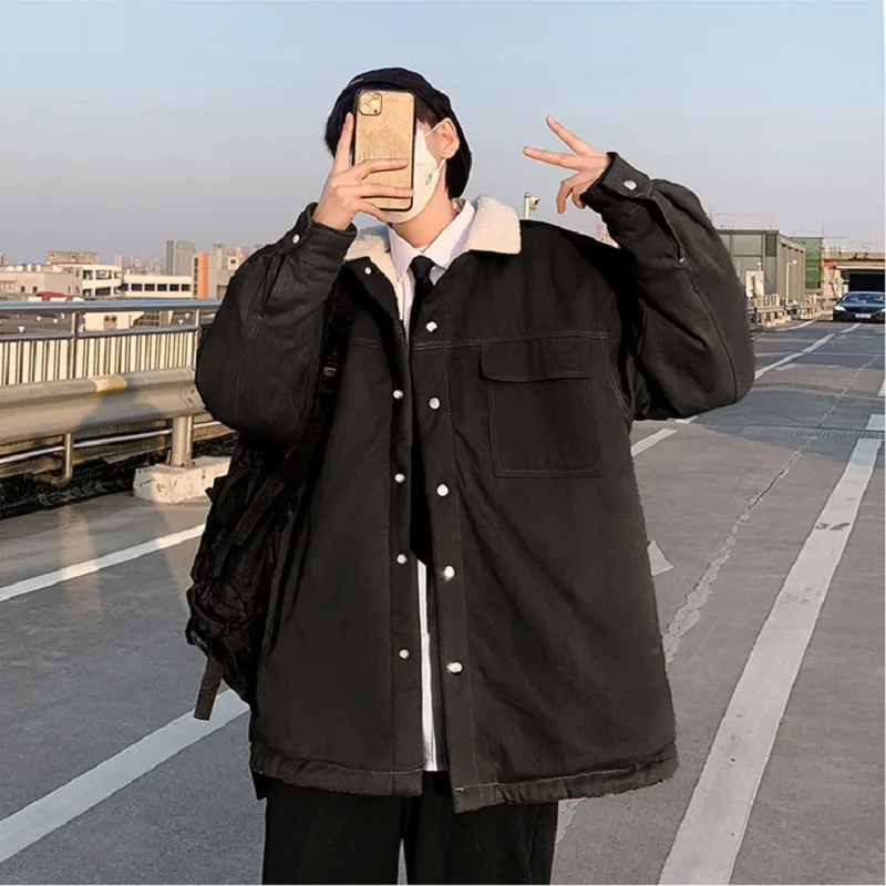 Men's Simple Faux Lamb Cashmere Tooling Jacket Thick Casual Loose Japanese Winter Coats  Outdoor Harajuku Mens Clothing