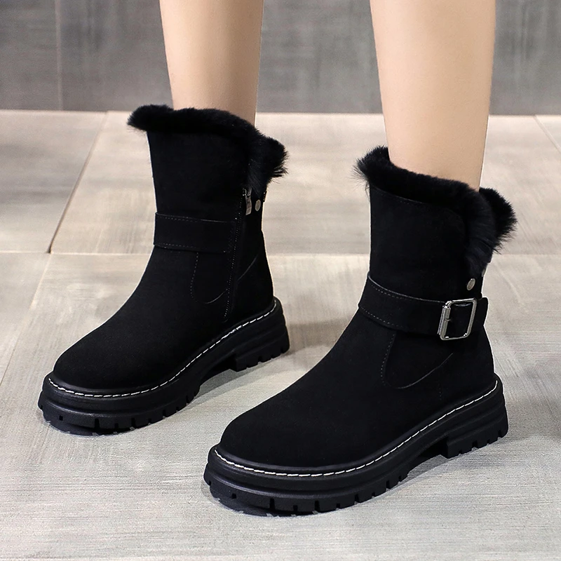 

Platform Ankle Boots Warm Color Nude Boots Plush Thickening Women Midboots Side Zipper Hightop Plus Velvet Cottonpadded Shoes